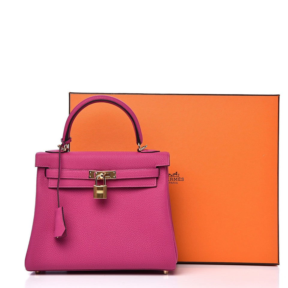 Hermes Kelly 25 CLEMENCE LEATHER BAG IN ROSE EXTREME