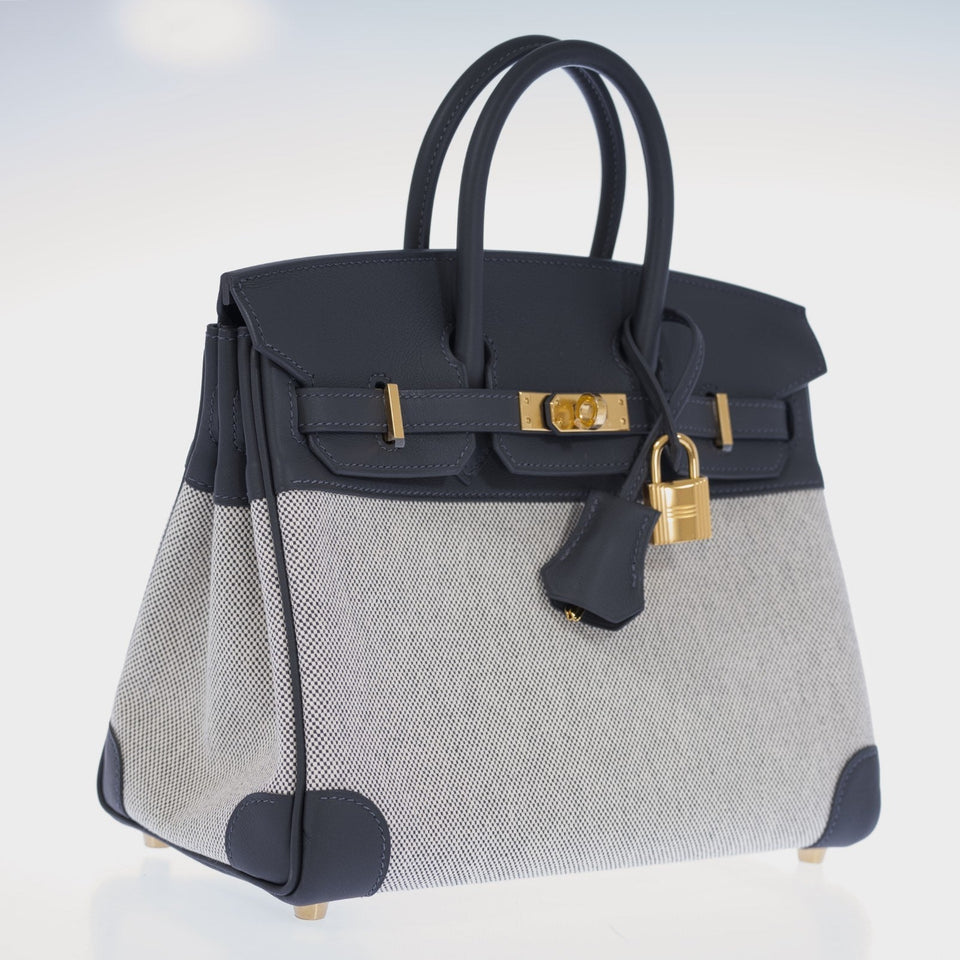 Hermes Limited Edition Birkin 25 in Écru and Ardoise Toile H and Veau Swift Gold Hardware