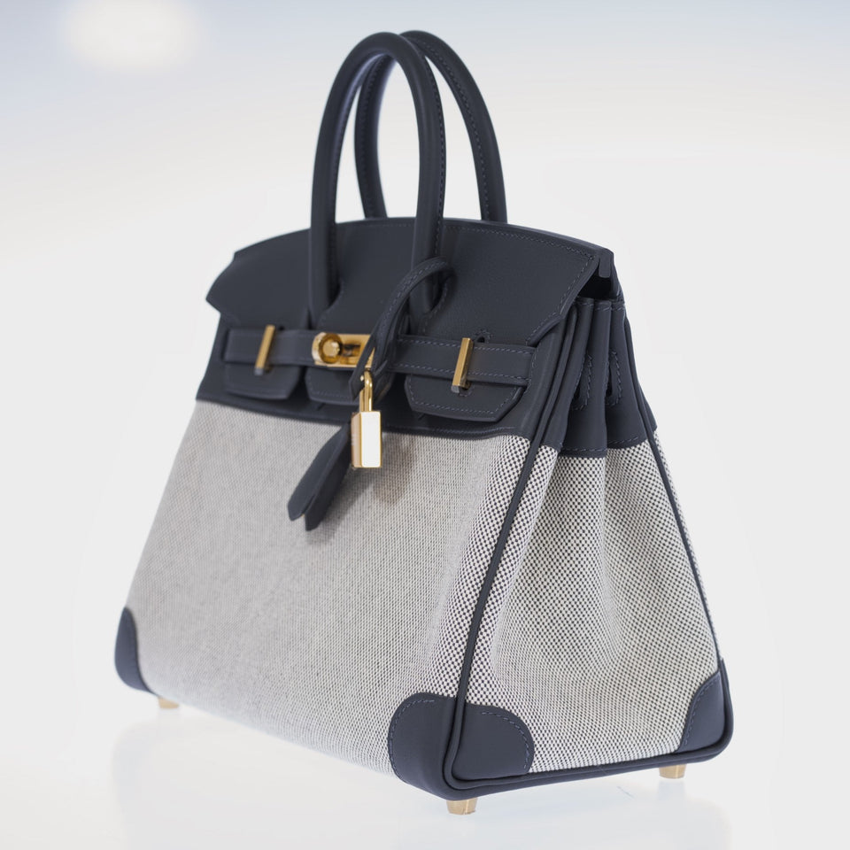 Hermes Limited Edition Birkin 25 in Écru and Ardoise Toile H and Veau Swift Gold Hardware