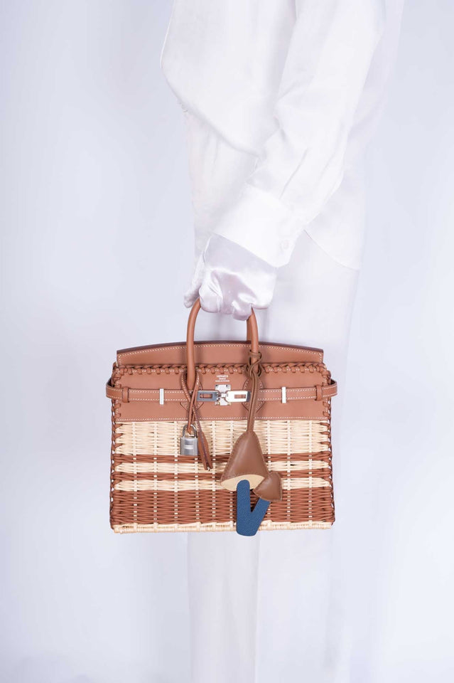 Hermes Picnic Birkin 25 Gold Swift and Stripe Osier Wicker Palladium Hardware