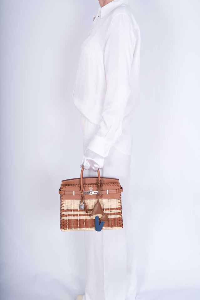 Hermes Picnic Birkin 25 Gold Swift and Stripe Osier Wicker Palladium Hardware