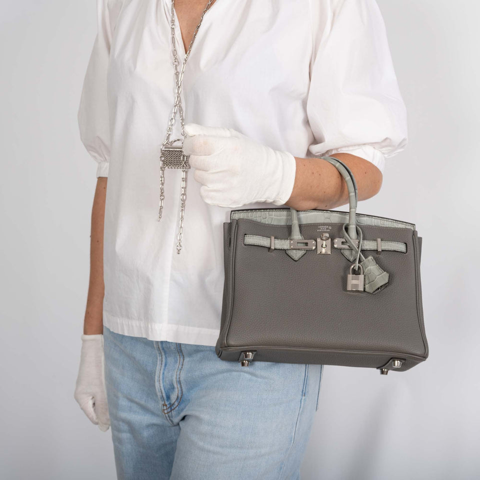 Hermes Touch Birkin 25 Gris Meyer Togo and Gris Cement Matte Alligator Palladium Hardware