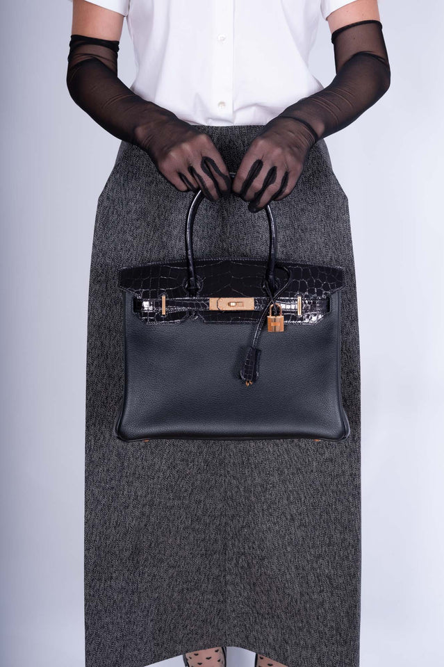HermesTouch Birkin 30 Black Shiny Nilo Crocodile and Togo Rose Gold Hardware
