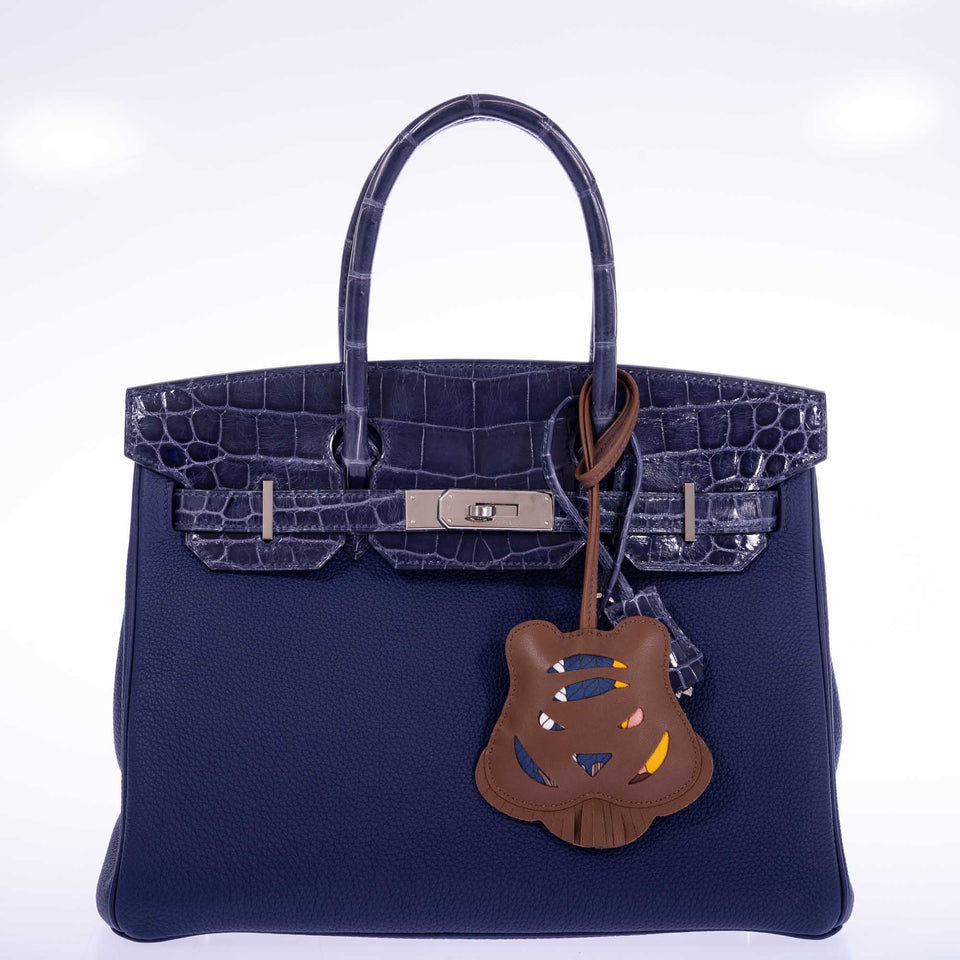 Hermes Touch Birkin 30 Bleu Encre Togo and Shiny Niloticus Crocodile Palladium Hardware