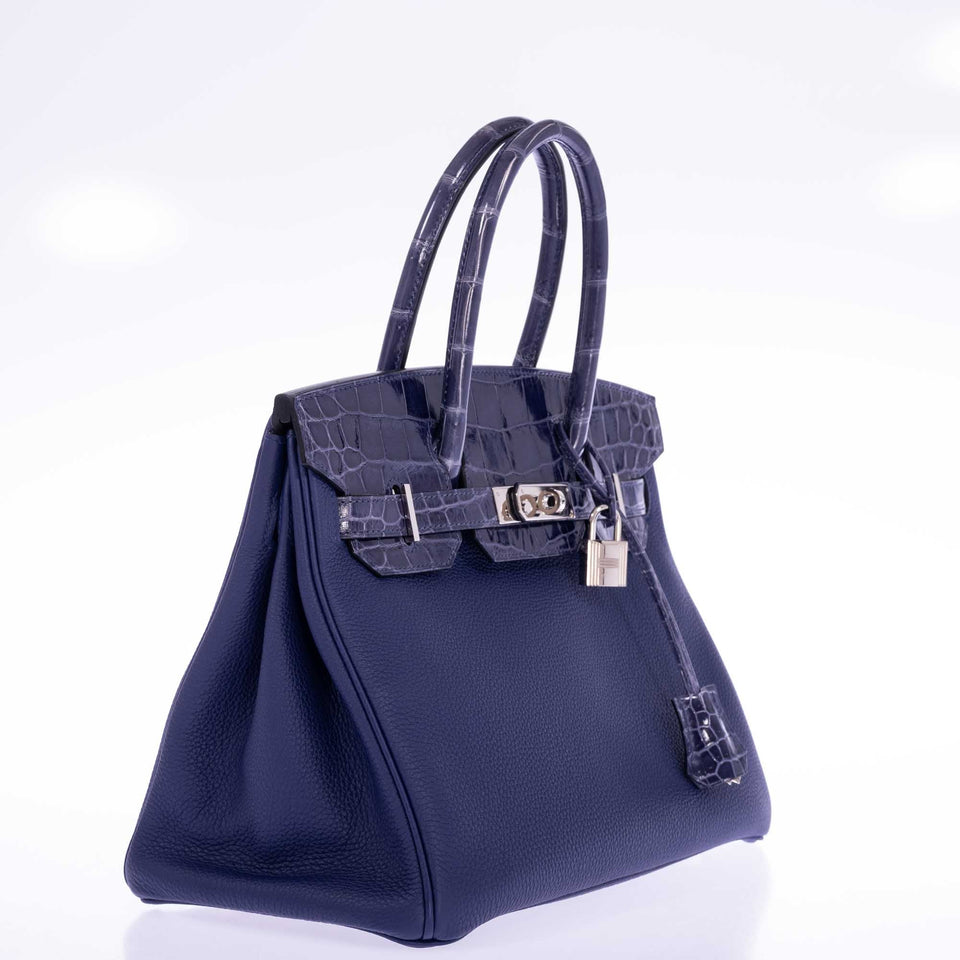 Hermes Touch Birkin 30 Bleu Encre Togo and Shiny Niloticus Crocodile Palladium Hardware