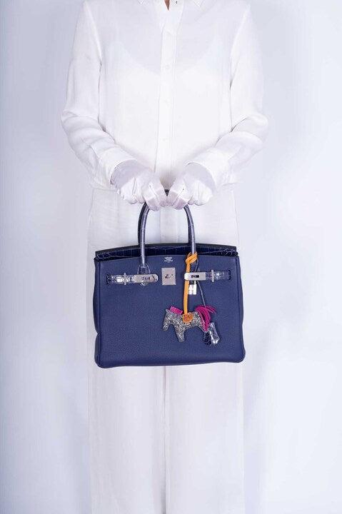 Hermes Touch Birkin 30 Bleu Encre Togo and Shiny Niloticus Crocodile Palladium Hardware