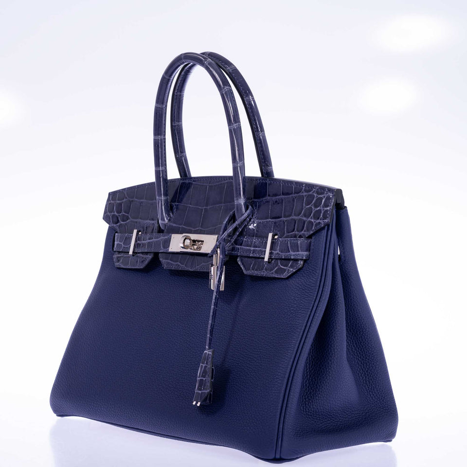 Hermes Touch Birkin 30 Bleu Encre Togo and Shiny Niloticus Crocodile Palladium Hardware