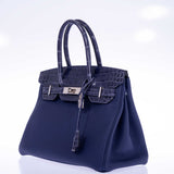 Hermes Touch Birkin 30 Bleu Encre Togo and Shiny Niloticus Crocodile Palladium Hardware