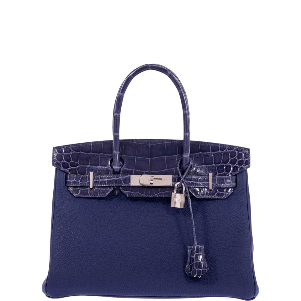 Hermes Touch Birkin 30 Bleu Encre Togo and Shiny Niloticus Crocodile Palladium Hardware