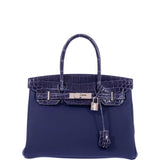 Hermes Touch Birkin 30 Bleu Encre Togo and Shiny Niloticus Crocodile Palladium Hardware