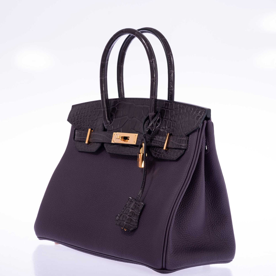 Hermes Touch Birkin 30 Prunoir Togo and Raisin Matte Alligator Rose Gold Hardware
