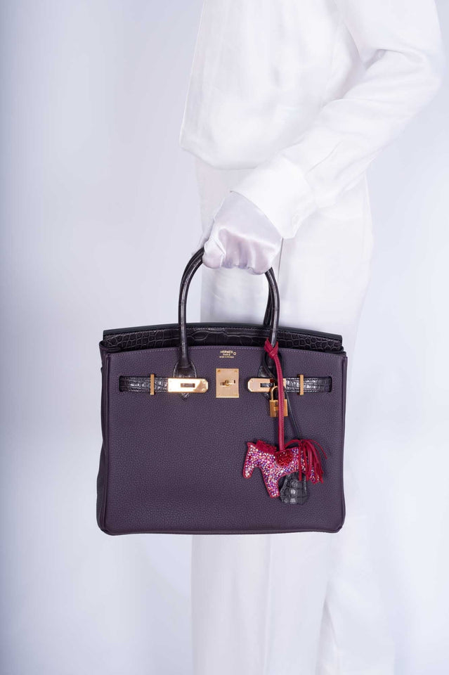 Hermes Touch Birkin 30 Prunoir Togo and Raisin Matte Alligator Rose Gold Hardware