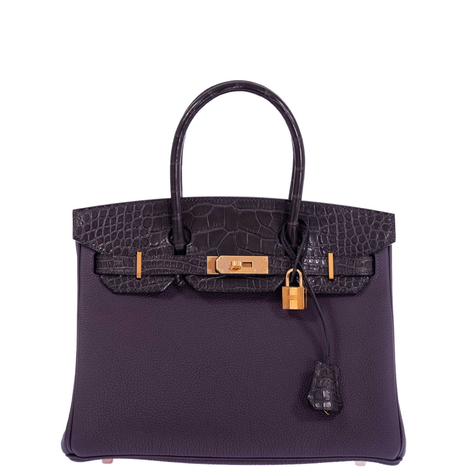 Hermes Touch Birkin 30 Prunoir Togo and Raisin Matte Alligator Rose Gold Hardware