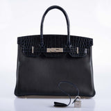 HermesTouch Birkin 30 Shiny Bleu Marine Nilo Crocodile and Black Novillo Palladium Hardware