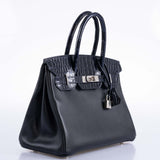 HermesTouch Birkin 30 Shiny Bleu Marine Nilo Crocodile and Black Novillo Palladium Hardware