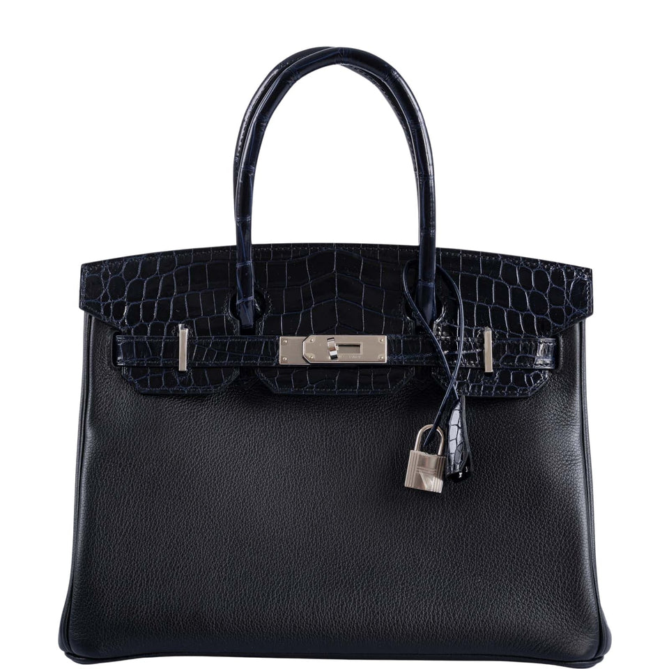 HermesTouch Birkin 30 Shiny Bleu Marine Nilo Crocodile and Black Novillo Palladium Hardware