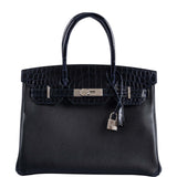 HermesTouch Birkin 30 Shiny Bleu Marine Nilo Crocodile and Black Novillo Palladium Hardware