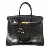 HermesBirkin 35 Black Porosus Crocodile Bag GHW