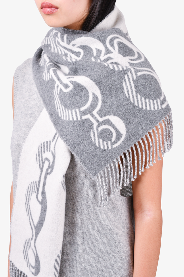 Hermes Grey Chain Printed Double Face Cashmere Fringe Scarf