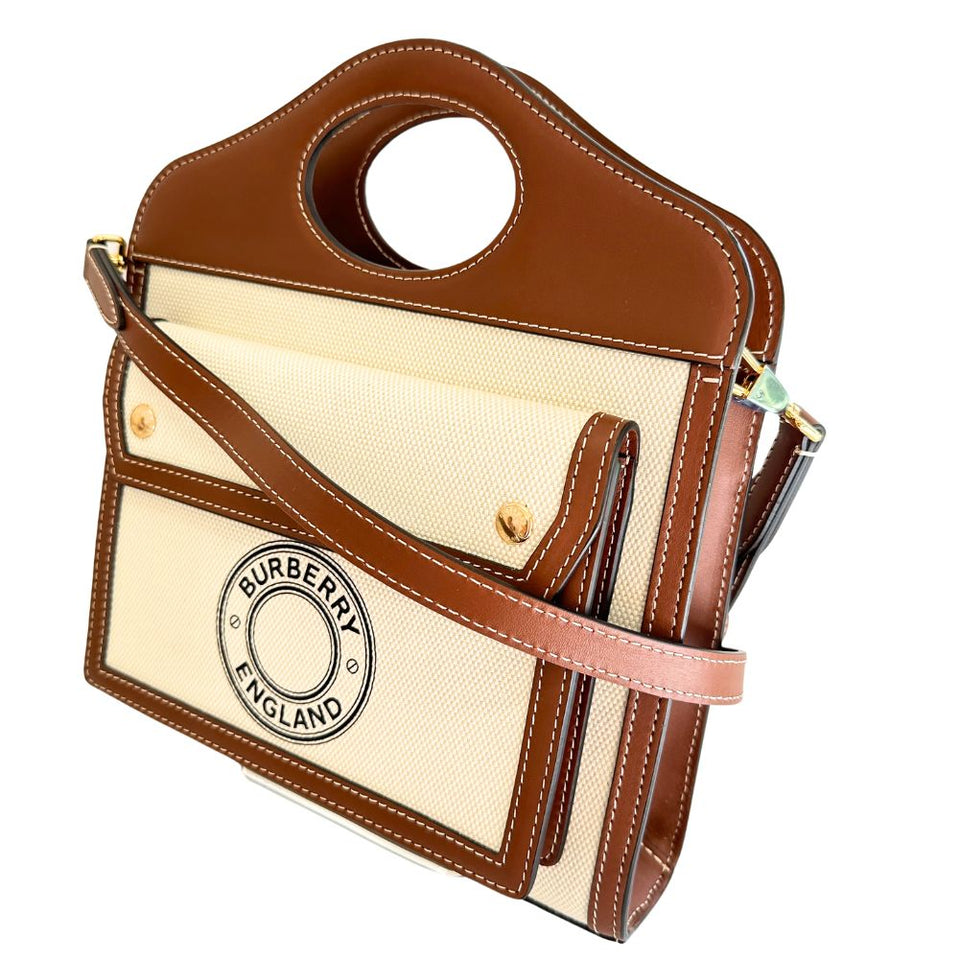 Burberry Handbag Canvas, Calfskin Brown white 2WAYShoulder Pocket bag Women