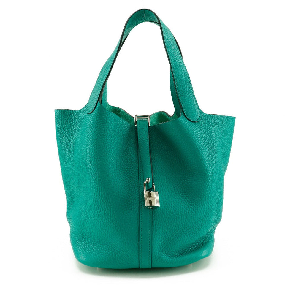 Hermes Handbag Taurillon Clemence Green Pico Tan Lock MM Women