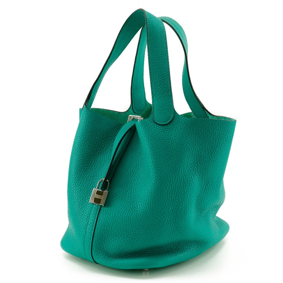 Hermes Handbag Taurillon Clemence Green Pico Tan Lock MM Women