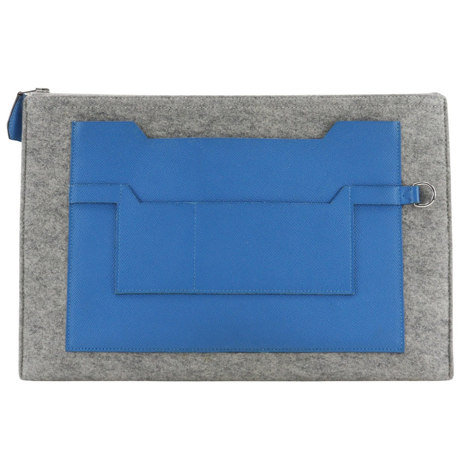 Hermes Clutch bag Felt, Epsom Blue / gray Too Doo 37 unisex(Unisex)
