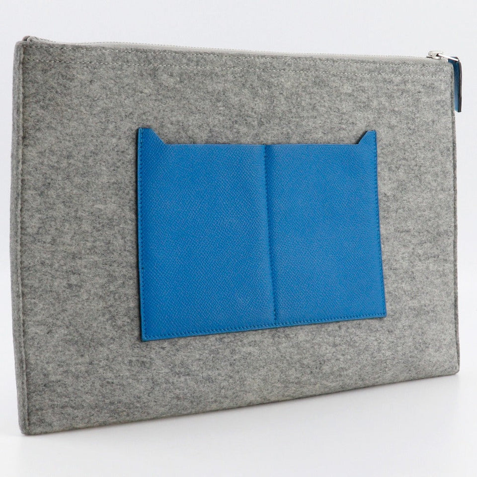 Hermes Clutch bag Felt, Epsom Blue / gray Too Doo 37 unisex(Unisex)