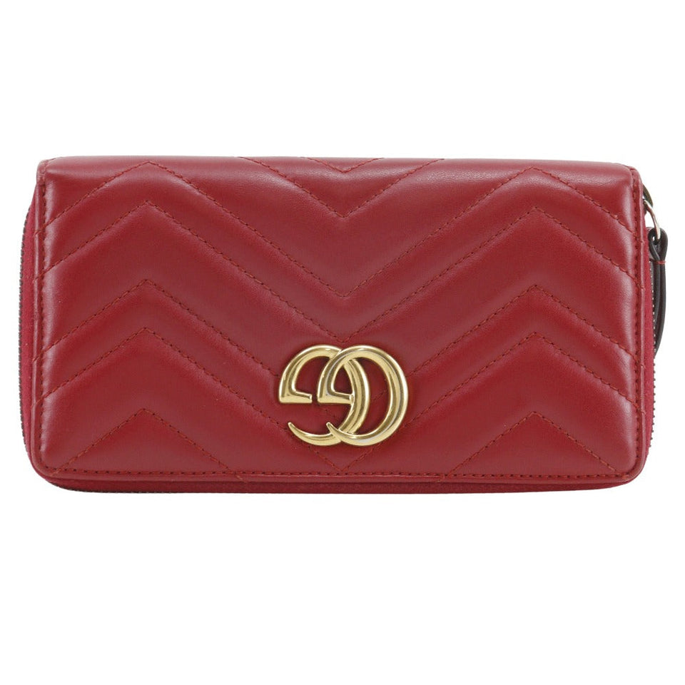 Gucci Long Wallet Purse 443123 leather Red Chevron quilting GG Marmon Double G zip around wallet Women