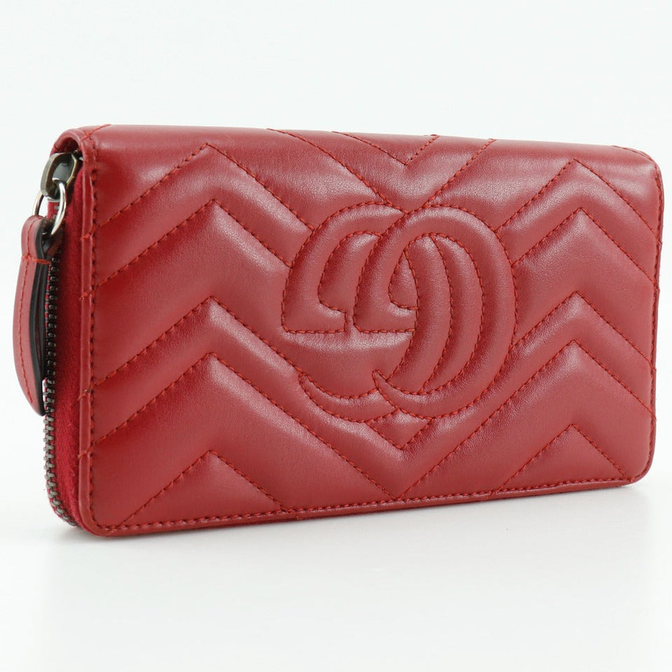 Gucci Long Wallet Purse 443123 leather Red Chevron quilting GG Marmon Double G zip around wallet Women