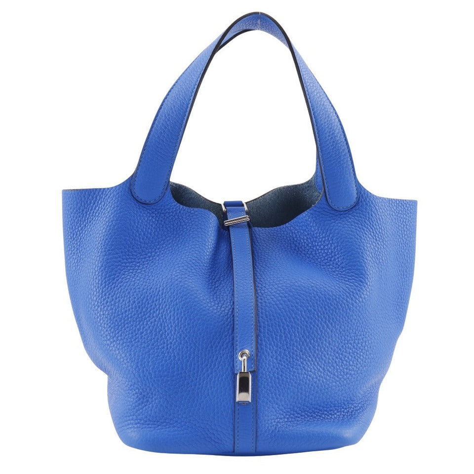 Hermes Handbag Taurillon Clemence Blue Pico Tan Lock MM