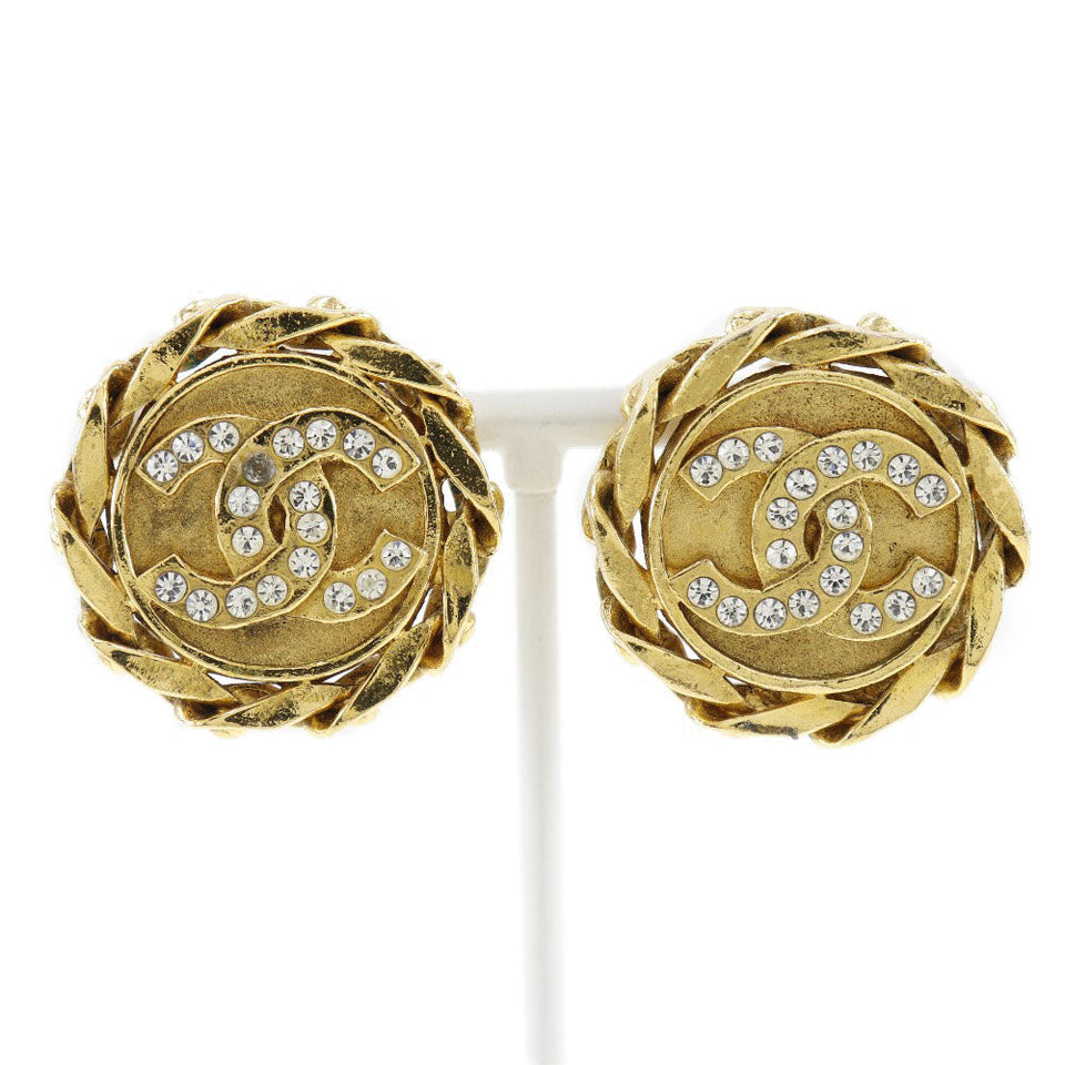 Chanel Coco Mark Earrings Gold Plated Rhinestone