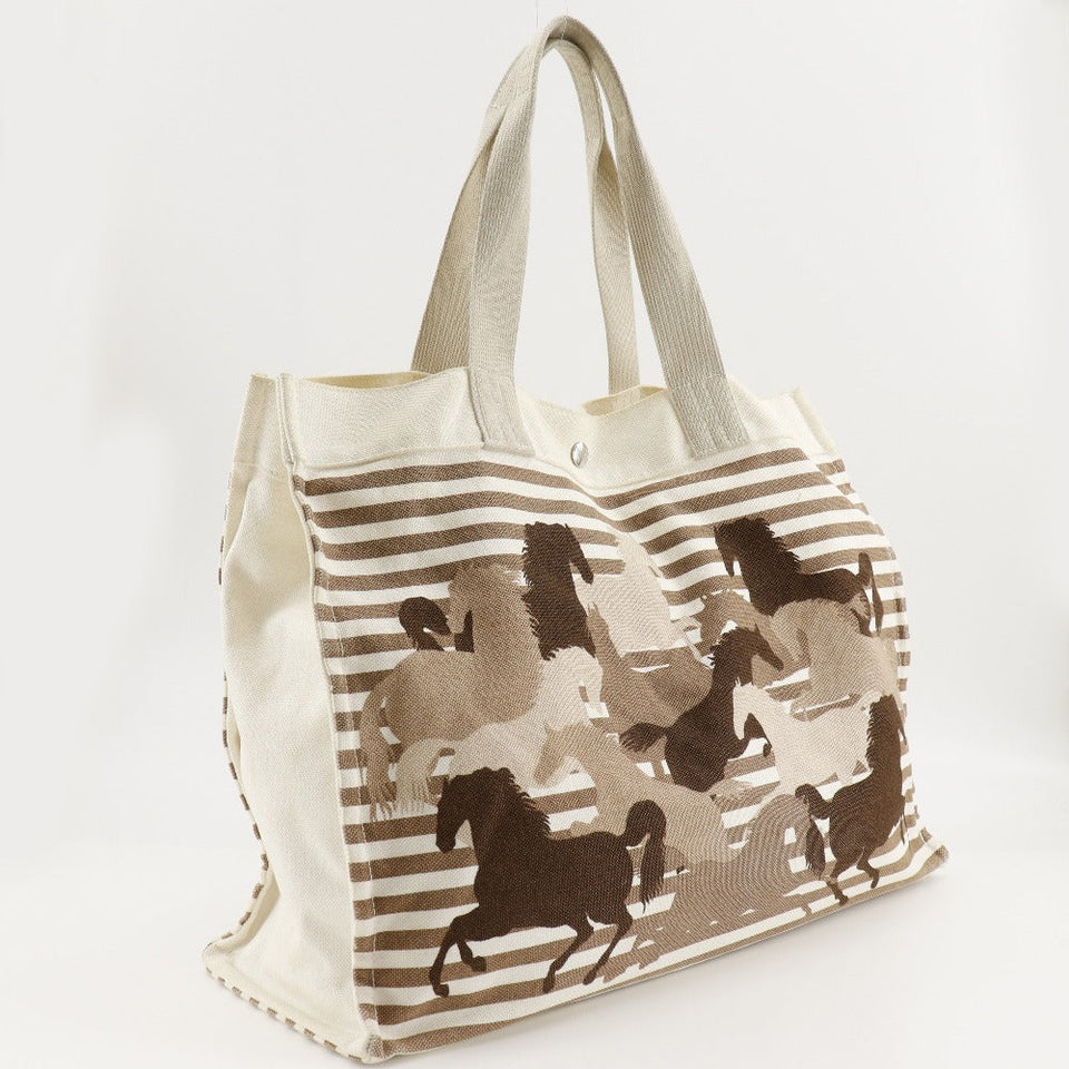Hermes Tote Bag canvas Brown/Off White Chevault Women(Unisex)