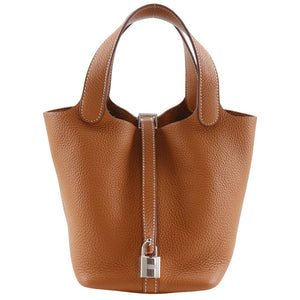 Hermes Handbag Taurillon Clemence Brown/SilverMetal Picotan Rock 18 PM