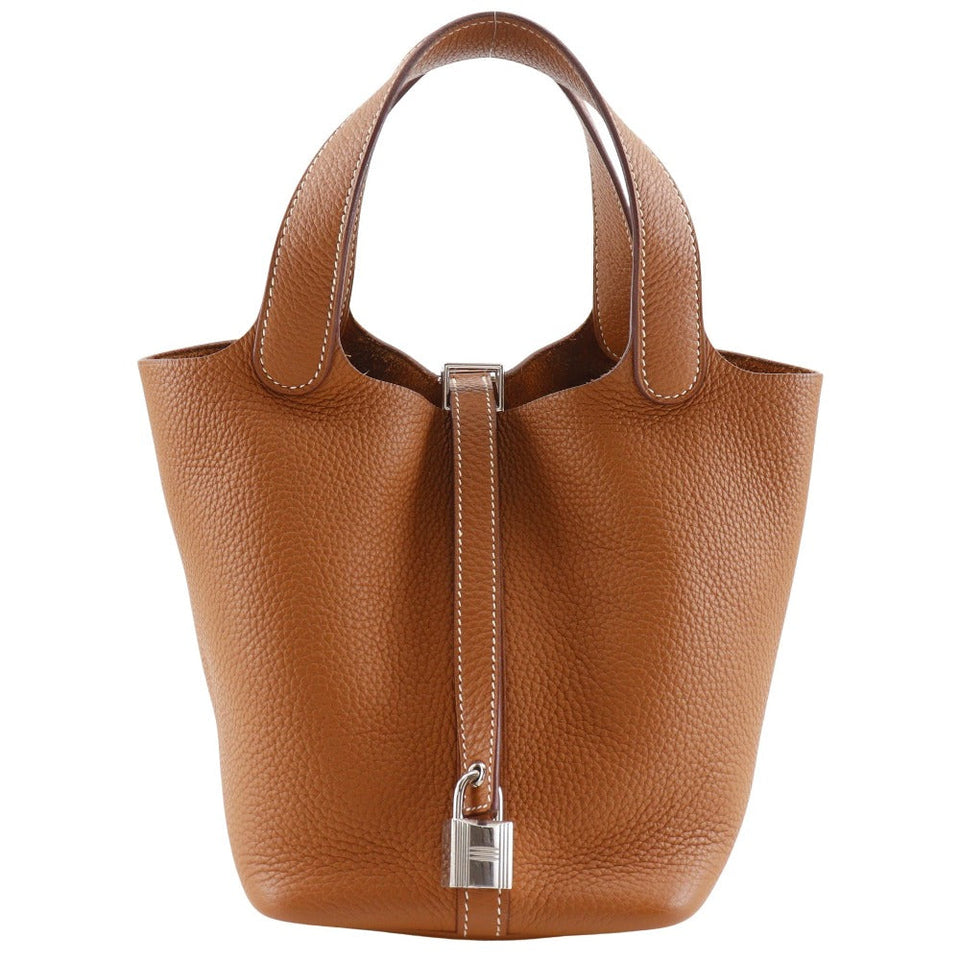 Hermes Handbag Taurillon Clemence Brown/SilverMetal Picotan Rock 18 PM