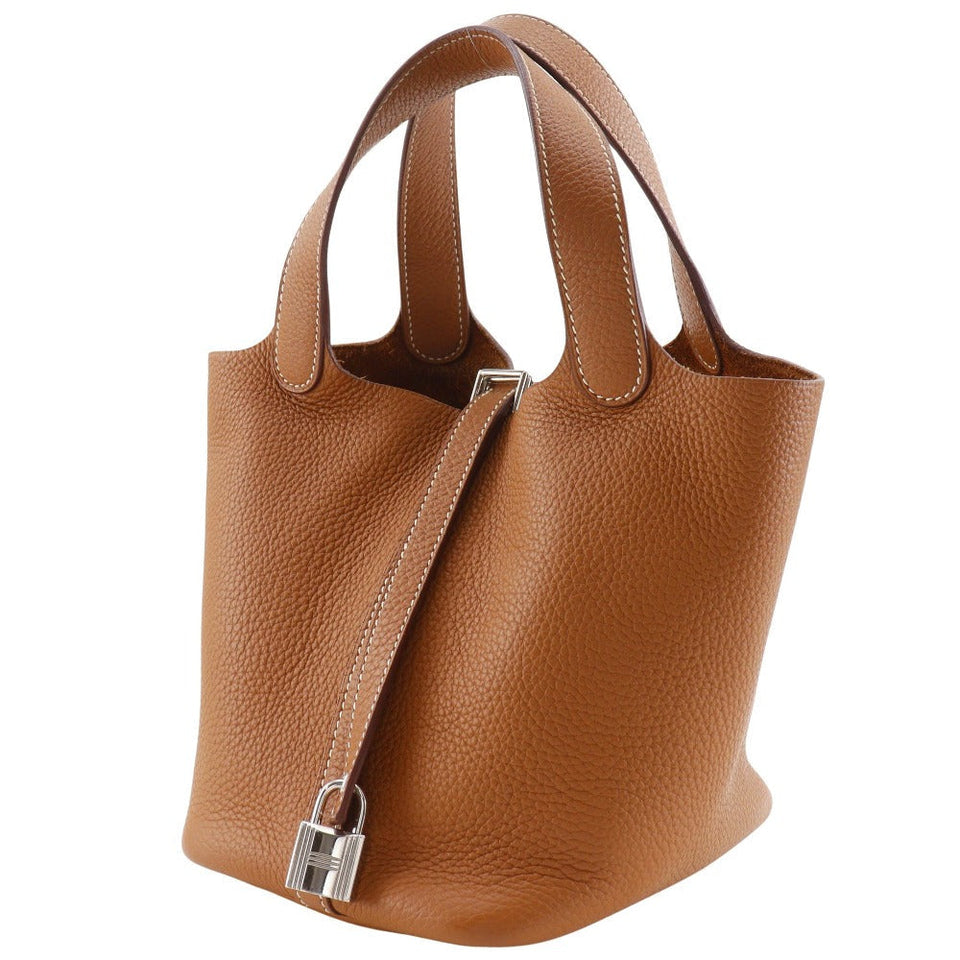 Hermes Handbag Taurillon Clemence Brown/SilverMetal Picotan Rock 18 PM