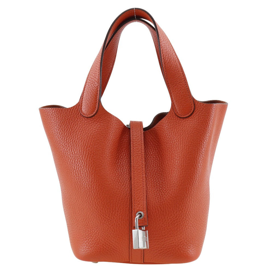 Hermes Handbag Taurillon Clemence Orange / Silver Metal Picotan Lock PM Women