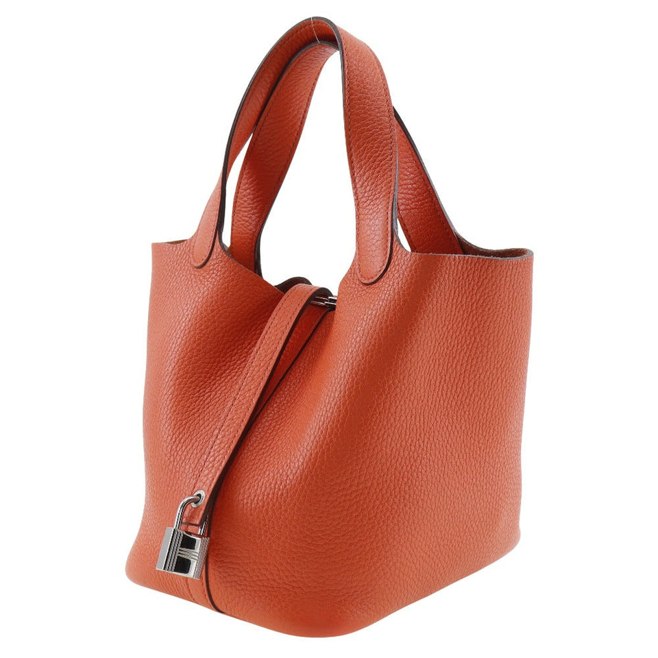 Hermes Handbag Taurillon Clemence Orange / Silver Metal Picotan Lock PM Women