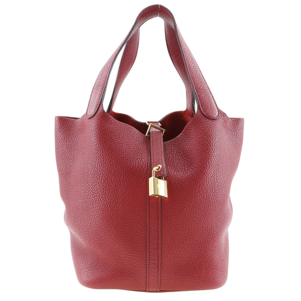 Hermes Handbag Taurillon Clemence Red Pico Tan Lock MM Women