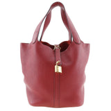 Hermes Handbag Taurillon Clemence Red Pico Tan Lock MM Women