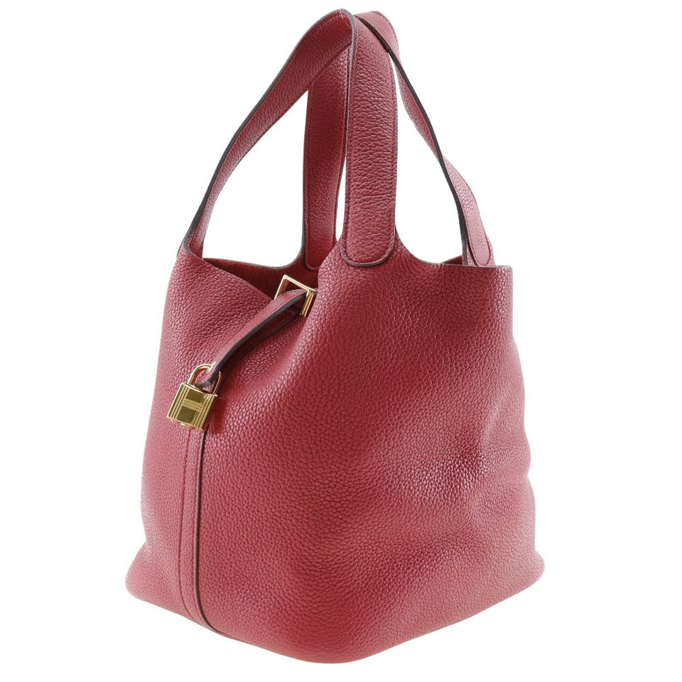 Hermes Handbag Taurillon Clemence Red Pico Tan Lock MM Women