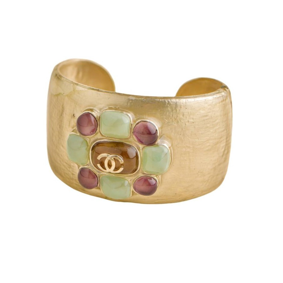 Chanel Gold Tone Multi Colour Glass Gripoix Cuff Bracelet