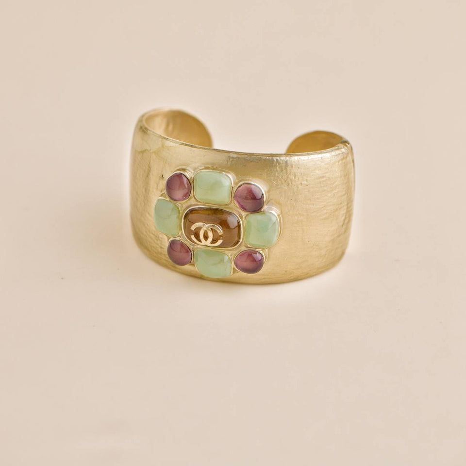 Chanel Gold Tone Multi Colour Glass Gripoix Cuff Bracelet