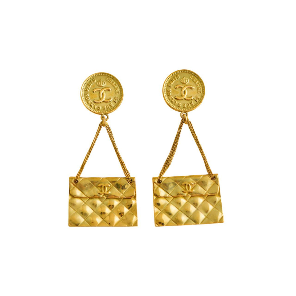 Chanel CC Coin Quilted Flap Bag Drop Clip on Earrings