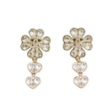 Chanel CC Crystal Clover Heart Drop Silver Earrings