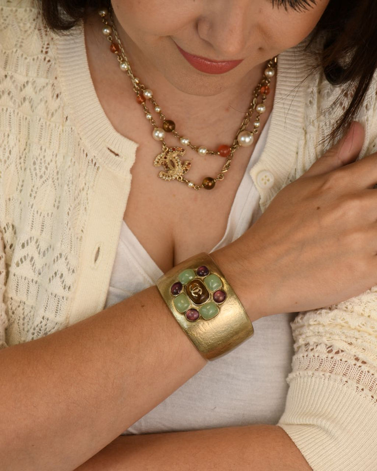 Chanel Gold Tone Multi Colour Glass Gripoix Cuff Bracelet