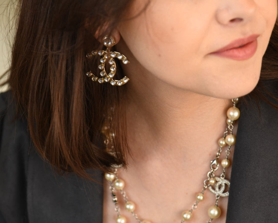 Chanel CC Logo Crystal Drop Earrings