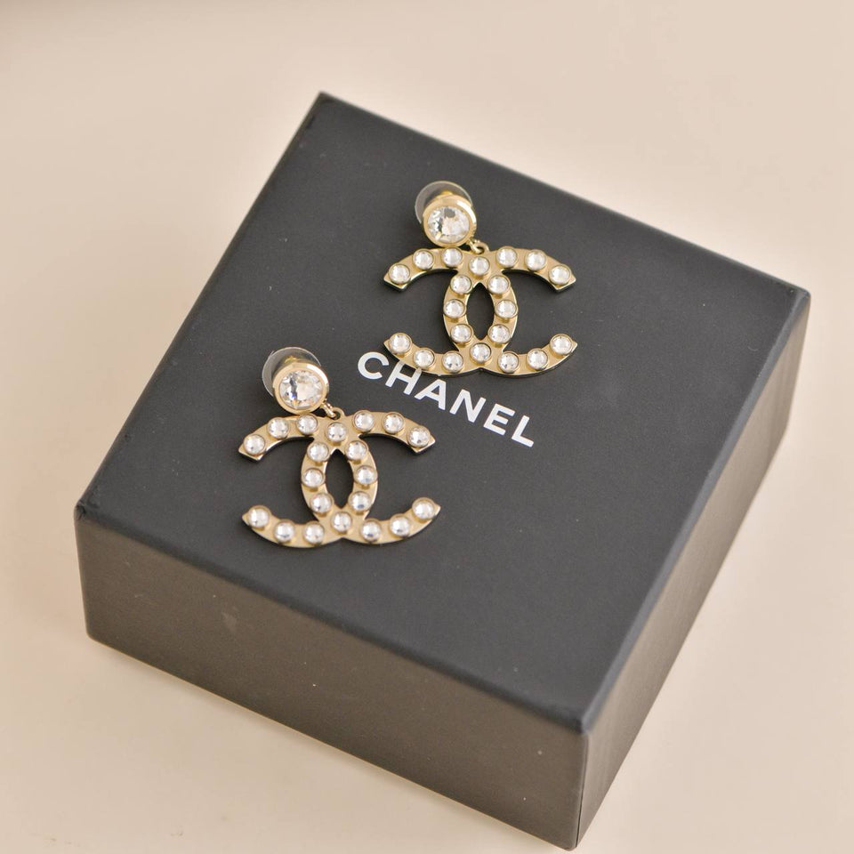 Chanel CC Logo Crystal Drop Earrings