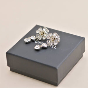 Chanel CC Crystal Clover Heart Drop Silver Earrings