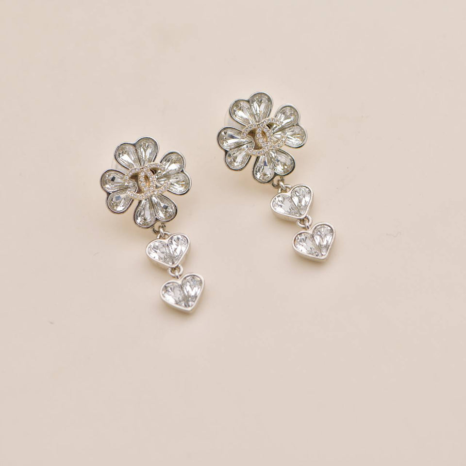 Chanel CC Crystal Clover Heart Drop Silver Earrings